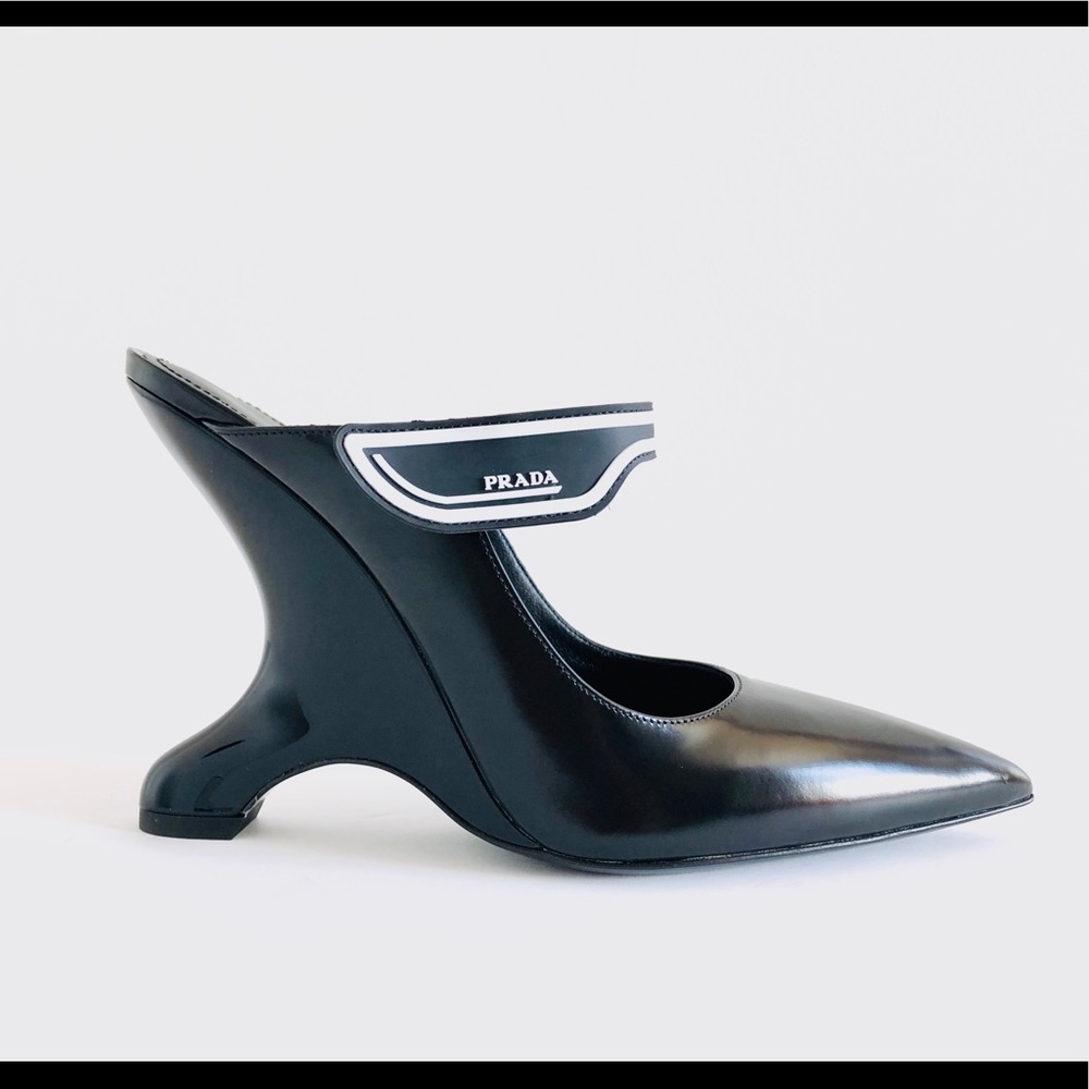 Prada Black Patent Leather Sculptural Mule with White Trim
